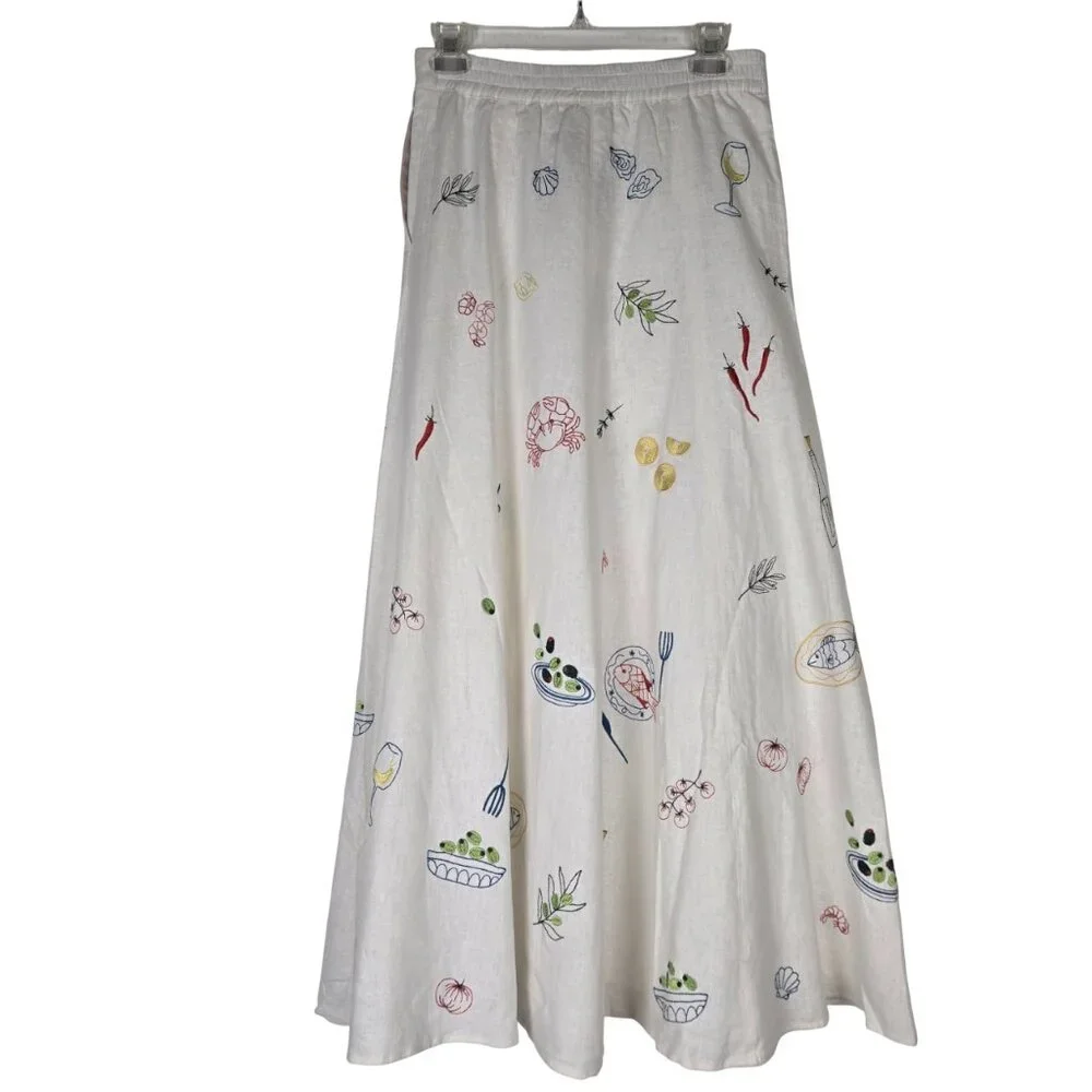 Caroline Constas Embroidered Off White Linen Blend Skirt 4 Maxi Length NEW - Picture 3 of 12